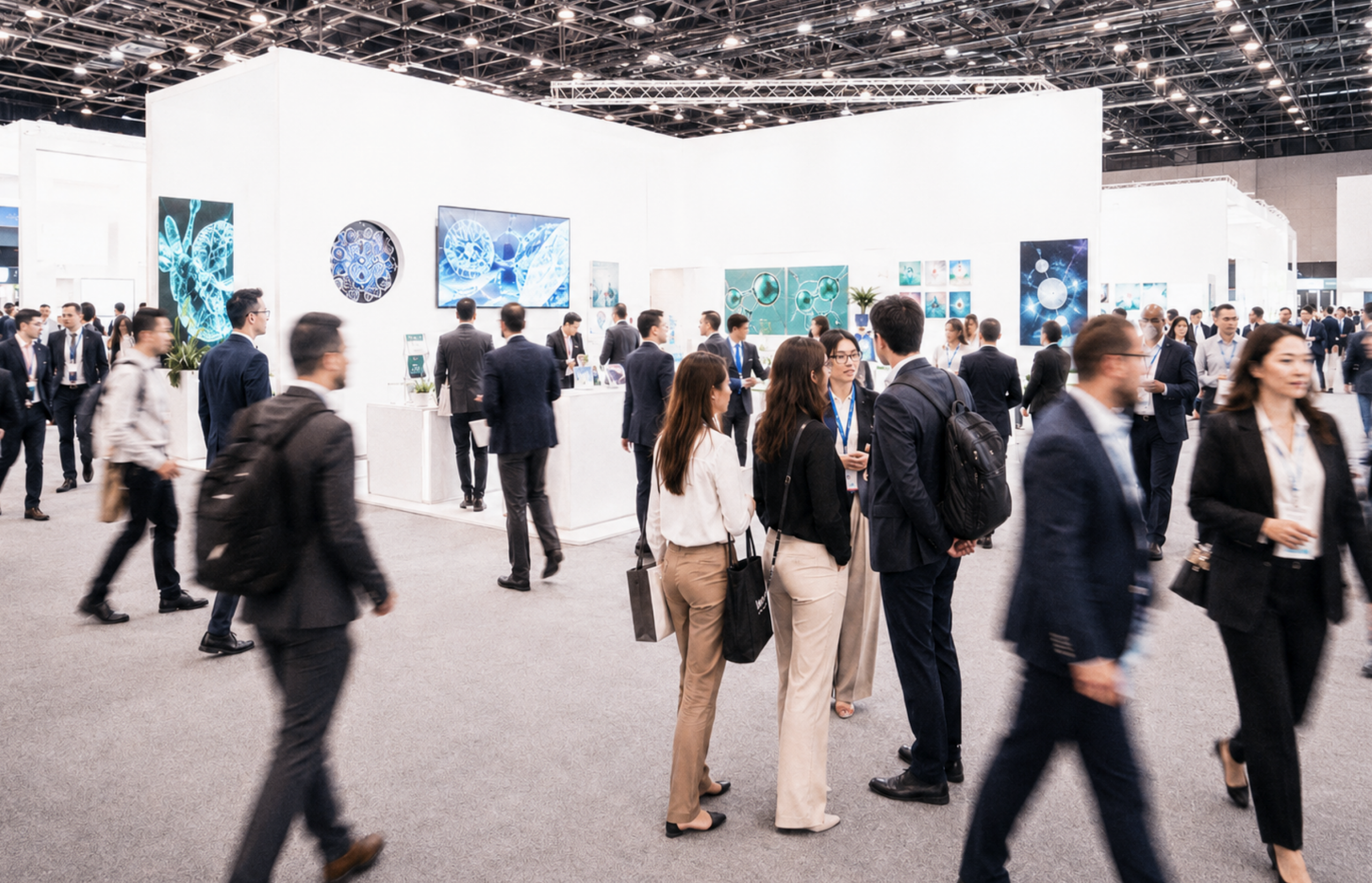 Event conference scene with people walking around and speaking with each other
